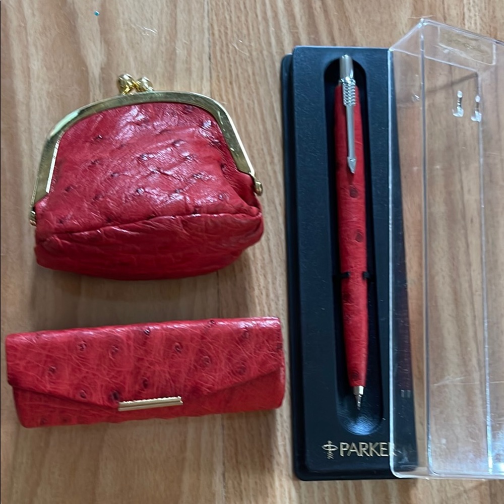 Genuine Ostrich Leather Red Parker pencil and coin purse &lipstick holder (set)